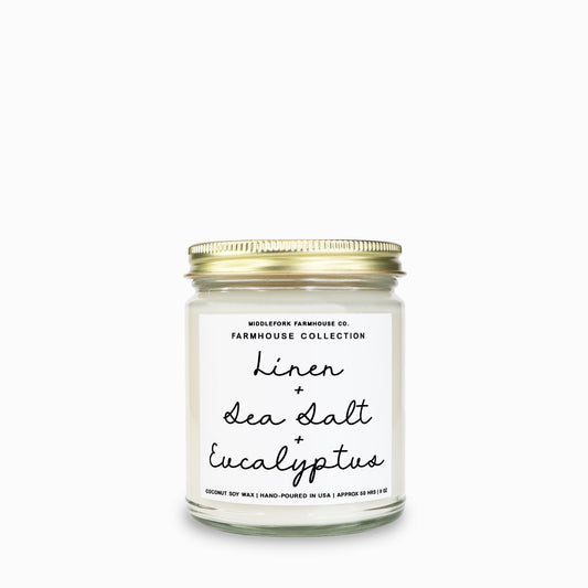 Linen + Sea Salt + Eucalyptus: Farmhouse Collection Candle Clear Jar 9oz