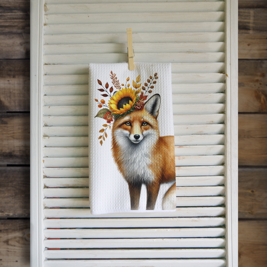 Floral Fox Mountain Microfiber Waffle Kitchen Towel