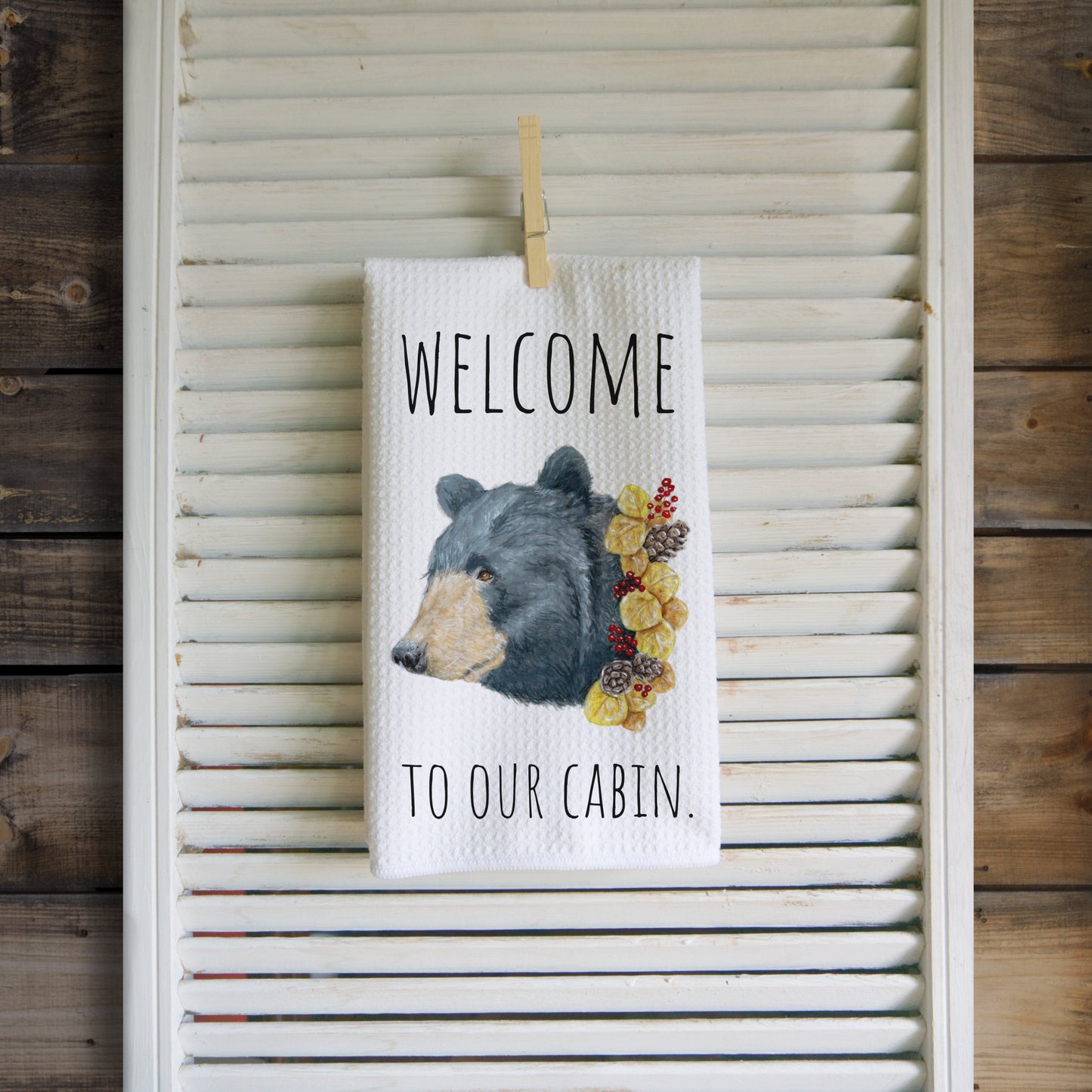 Welcome Mountain Cabin Bear Microfiber Waffle Kitchen Towel