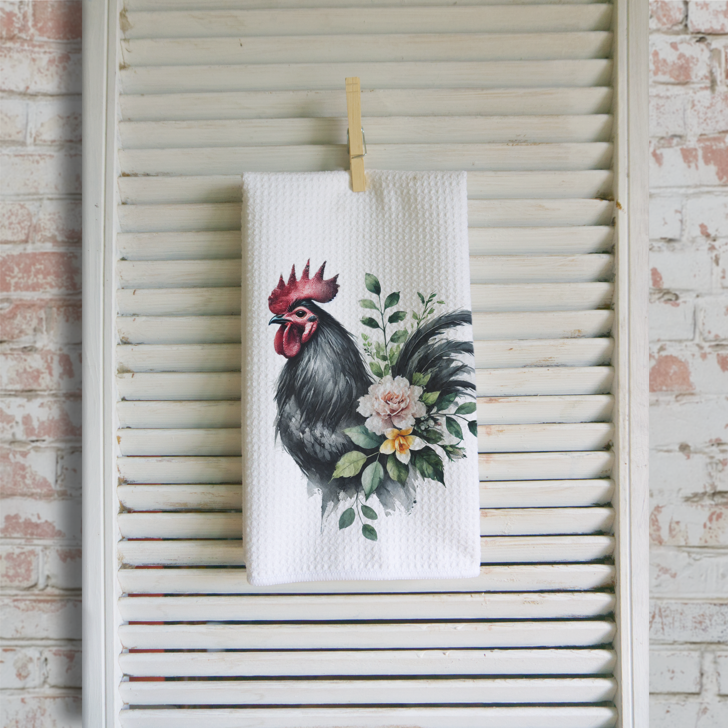 Black Floral Rooster Microfiber Waffle Kitchen Towel