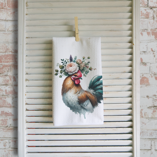 Floral Rooster Microfiber Waffle Kitchen Towel