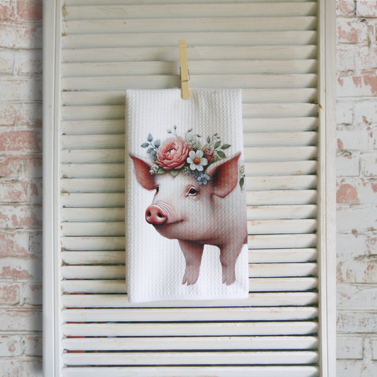 Floral Pig Microfiber Waffle Kitchen Towel