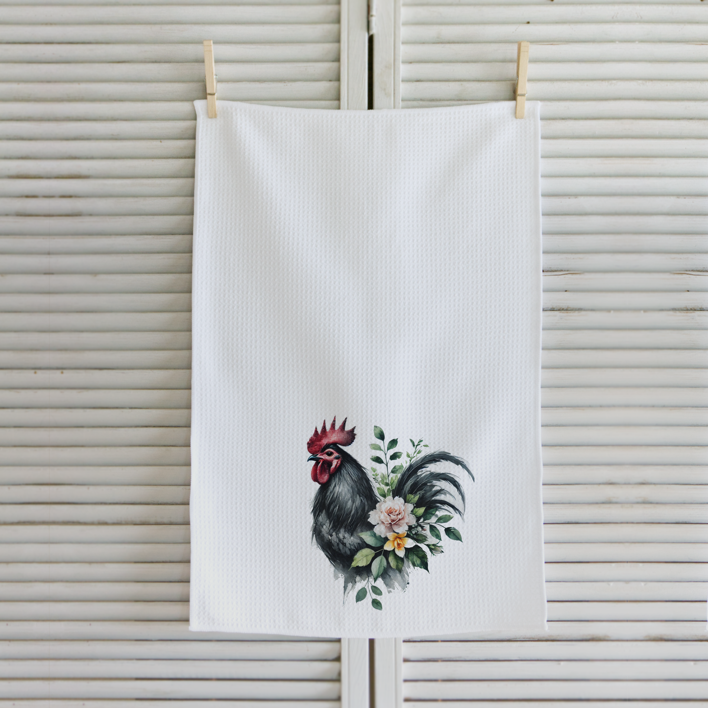 Black Floral Rooster Microfiber Waffle Kitchen Towel