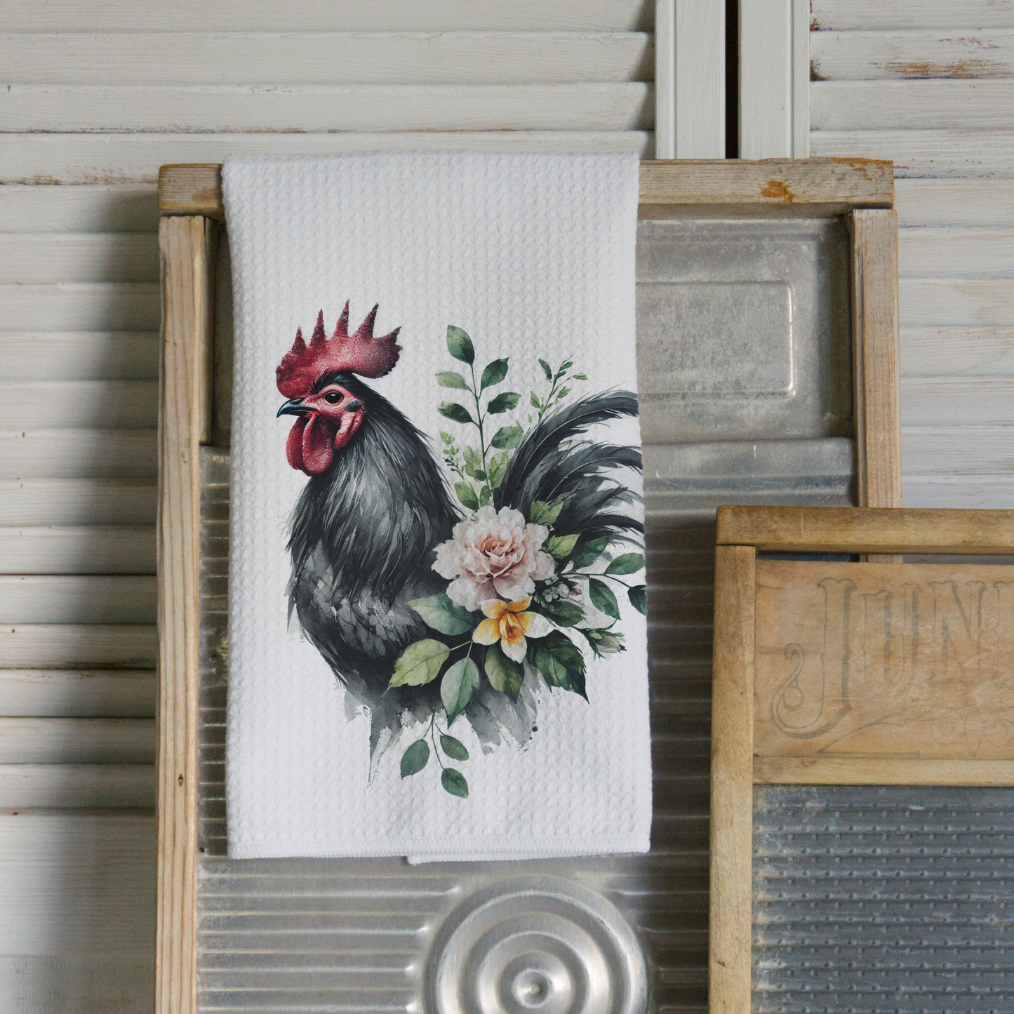 Black Floral Rooster Microfiber Waffle Kitchen Towel