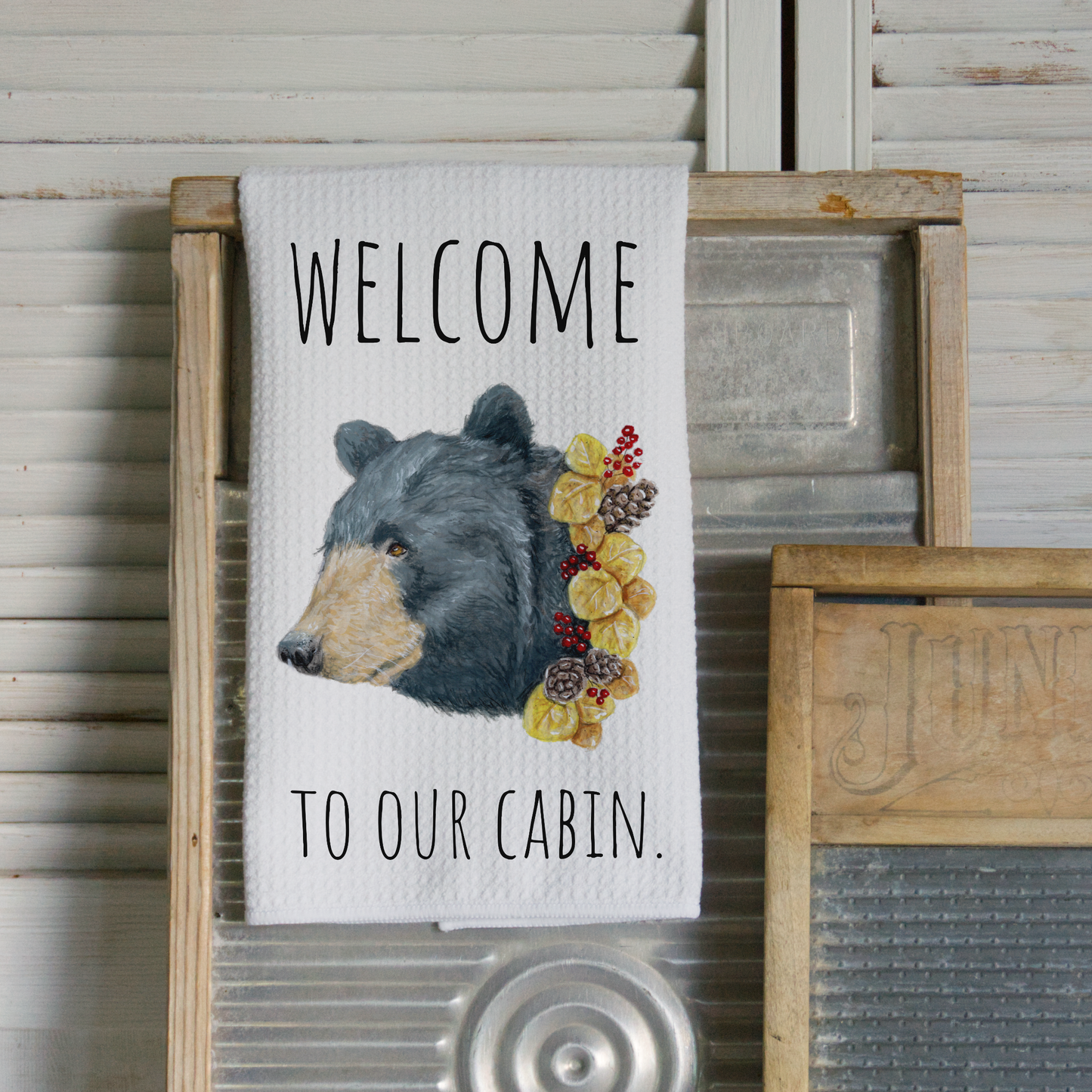 Welcome Mountain Cabin Bear Microfiber Waffle Kitchen Towel